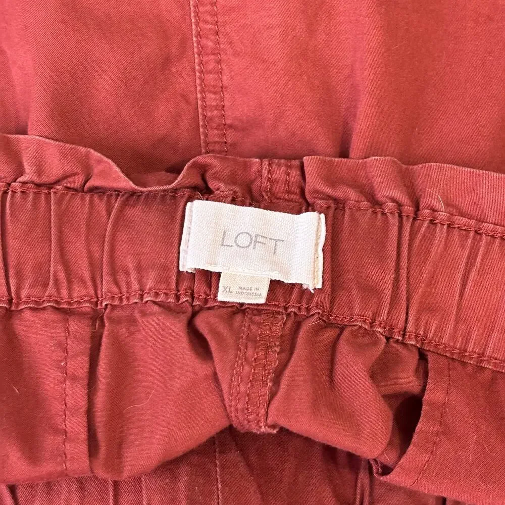 Loft Crop Pleated Paperbag Pants XL Burgundy 100% Cotton Resort Cruise ‎ Pockets